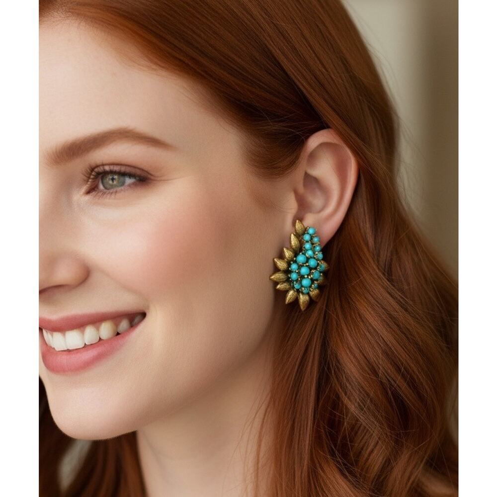 Antique Turquoise Gold Earrings Flower Museum VTG Revival Leaf Botanical Cluster - Picture 3 of 6
